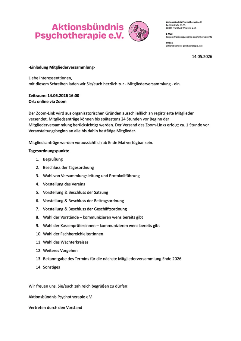 Vorschau: Einladung zur ersten offiziellen Mitgliederversammlung des Aktionsbündnis Psychotherapie e.V.