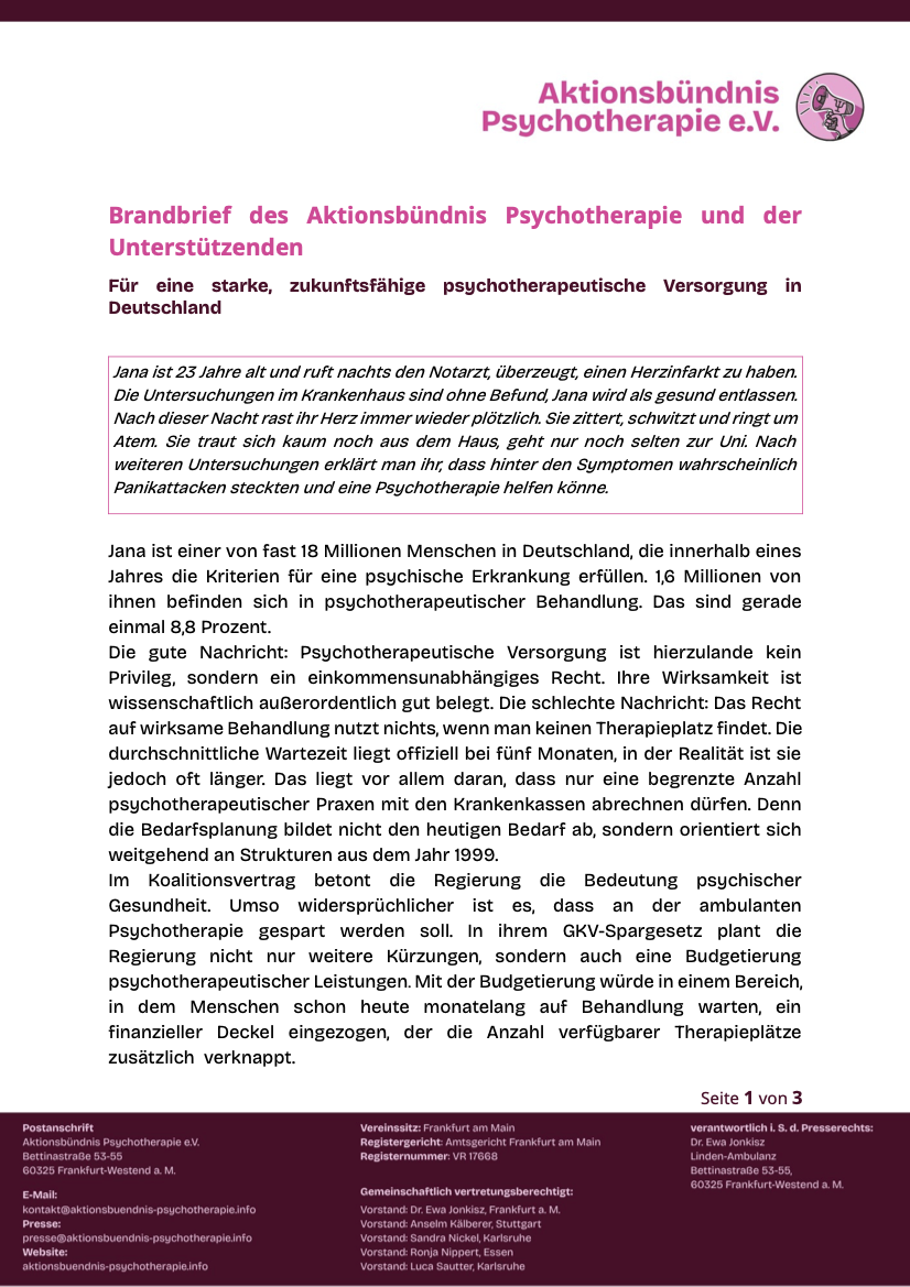 Brandbrief des Aktionsbündnis Psychotherapie