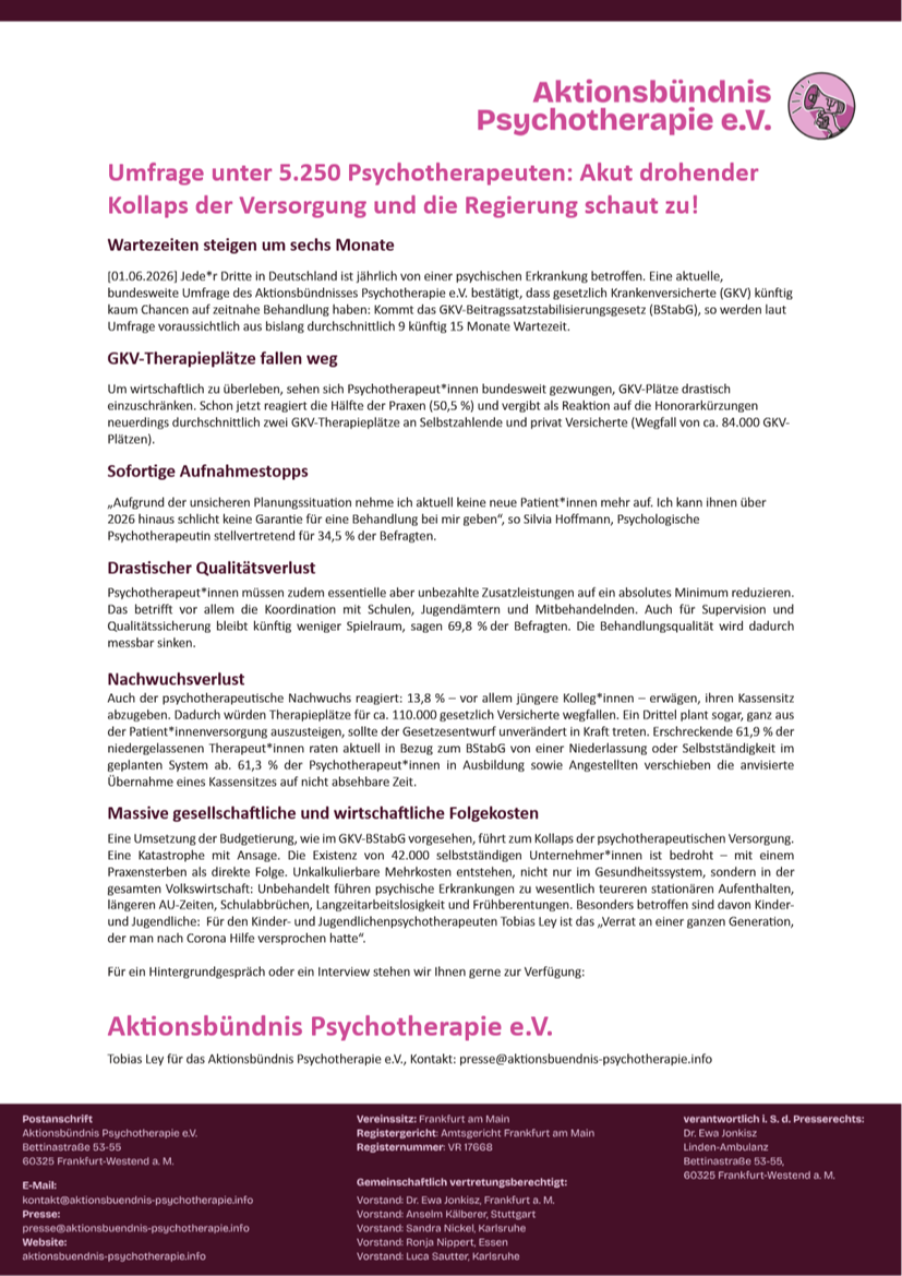 Pressemitteilung: Umfrage unter 5.250 Psychotherapeut*innen